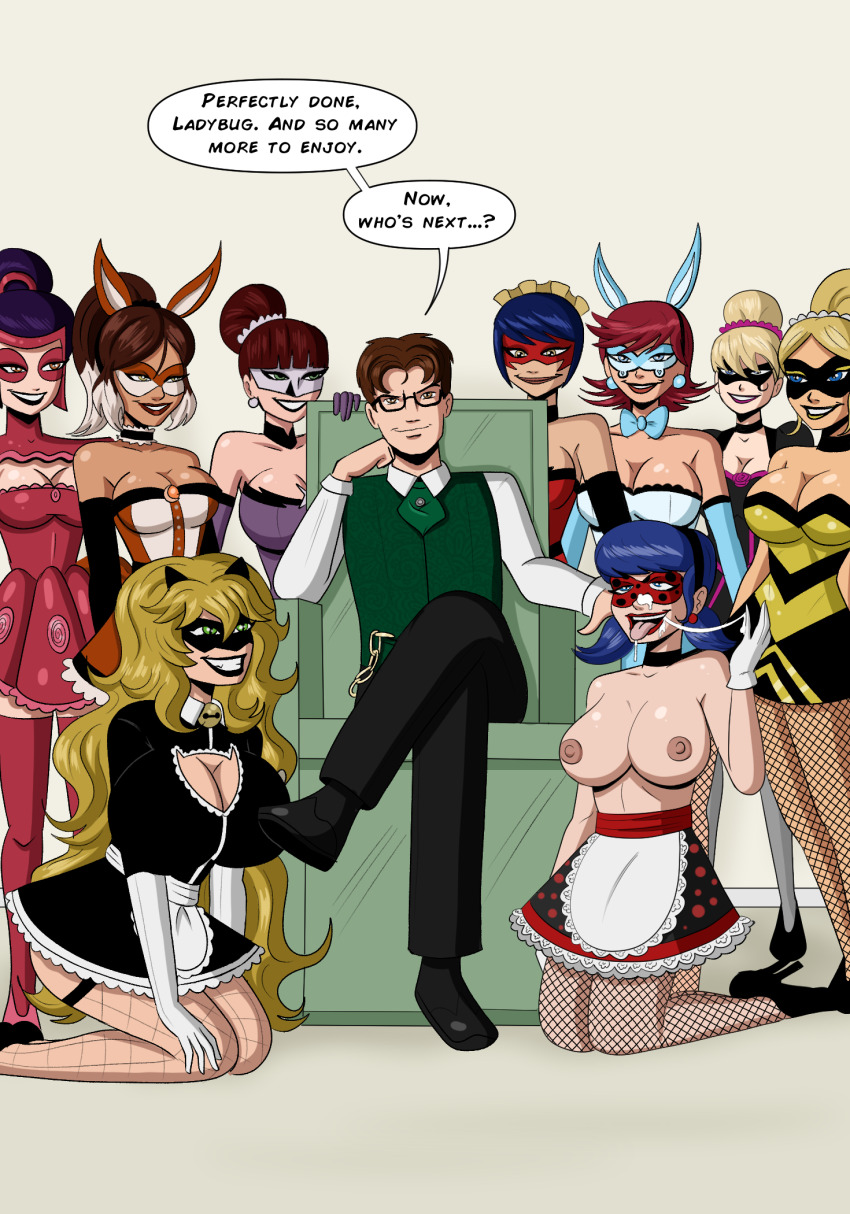 adrien_agreste ahegao alix_kubdel alya_cesaire black_hair blonde_hair blue_eyes bow_tie breasts brown_hair bunny_ears chloe_bourgeois cleavage collarbone comic cum cum_on_body cum_on_face dark_skin dialogue earrings exposed_chest femsub fox_ears glasses gloves green_eyes hair_buns happy_trance harem jewelry juleka_couffaine kagami_tsurugi kneeling large_breasts leo_darnielle_(jabberwocky) lila_rossi lipstick maid maid_headdress maledom marinette_dupain-cheng mask miraculous_ladybug multiple_girls multiple_subs open_mouth opera_gloves original polmanning red_hair rose_lavillant smile super_hero text tie tongue tongue_out topless transformation twintails vest yellow_eyes