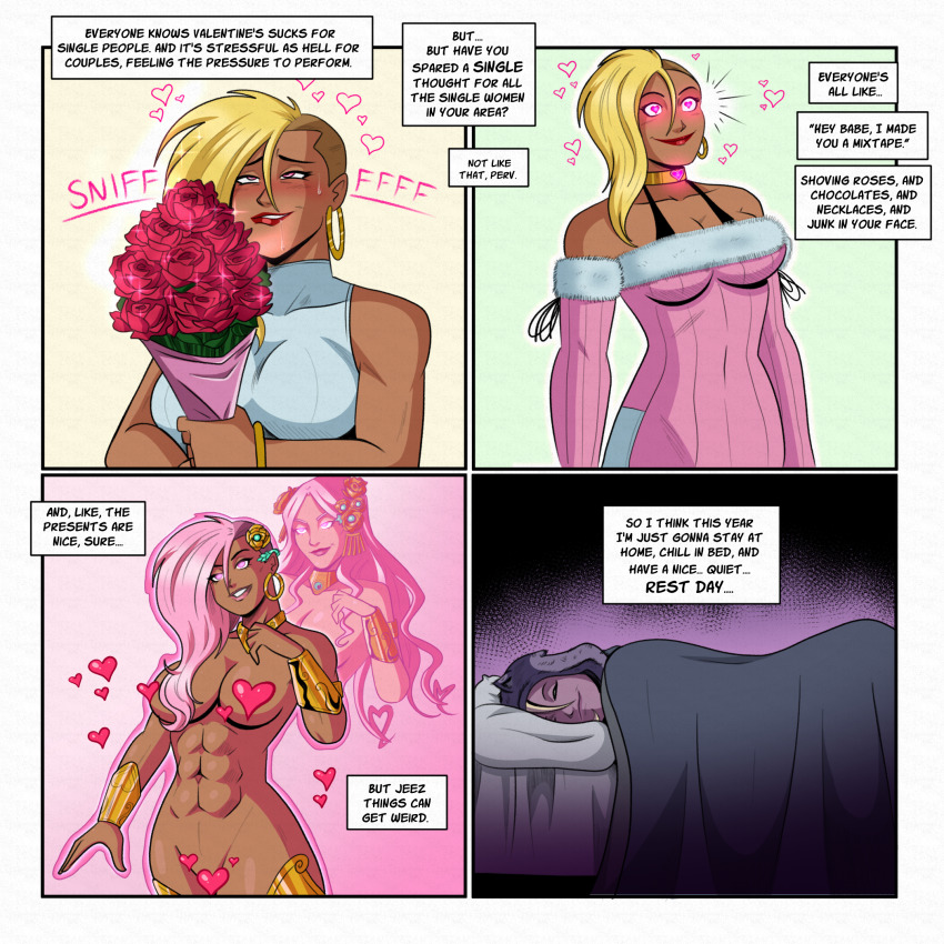 aphrodite_(hades) ash_(svettak92) bare_shoulders bed blonde_hair blush border bouquet bracers choker comic dark_skin earrings femsub flower glowing glowing_eyes hades_(game) hair_ornament heart heart_eyes humor jewelry long_hair muscle_girl necklace original pheromones pink_eyes pink_hair polmanning possession sleeping sweat sweater text valentine's_day