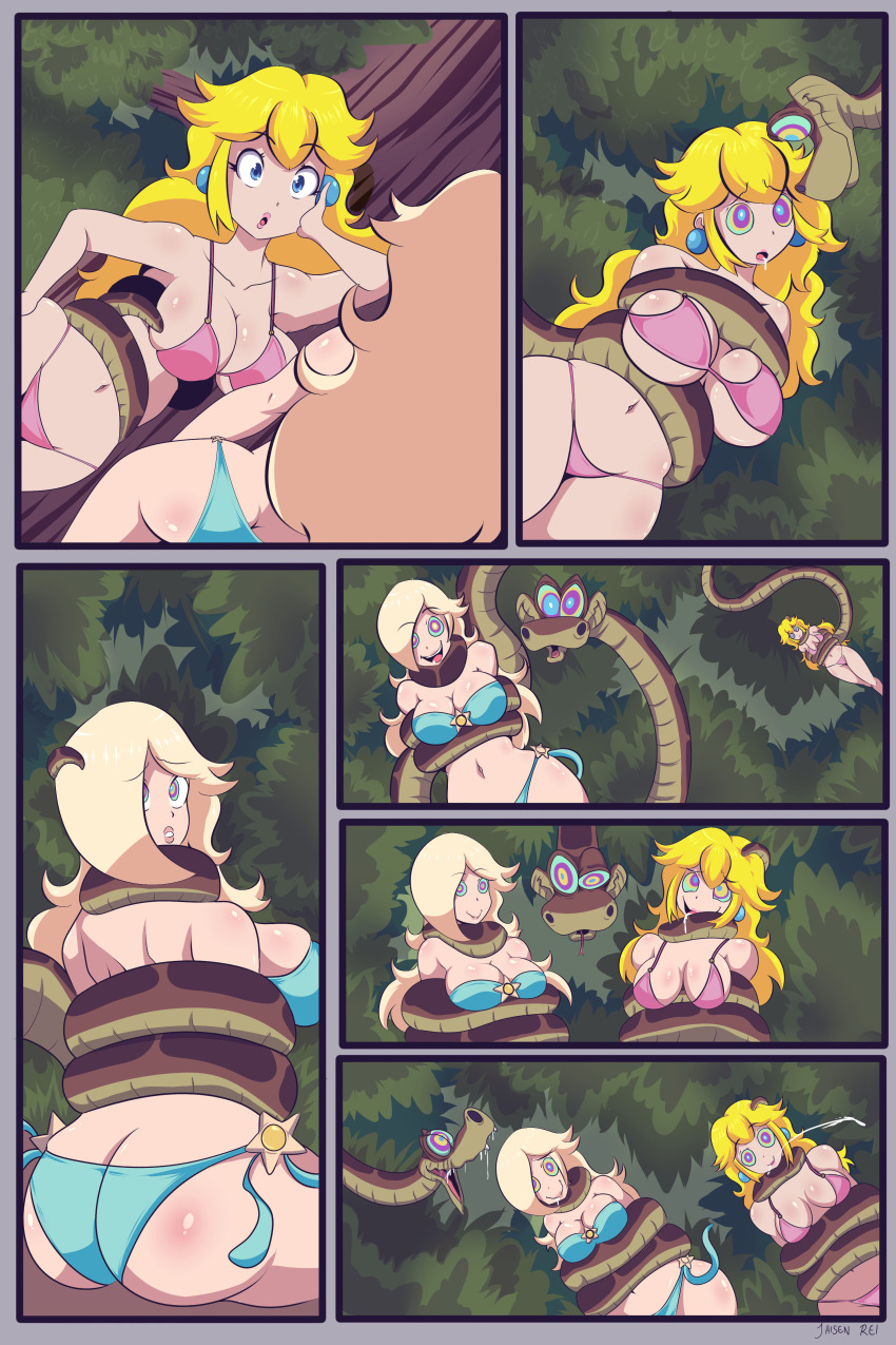 absurdres alternate_costume ass bare_shoulders bikini bikini_bottom bikini_top blonde_hair blue_eyes breasts cleavage coils comic crossover disney drool femsub from_behind hand_on_head hanging_down happy_trance hypnotic_eyes imminent_vore jaisen_rei kaa kaa_eyes large_ass large_breasts looking_at_viewer maledom nintendo open_mouth outdoors princess princess_peach princess_rosalina restrained smile snake super_mario_bros. super_mario_galaxy the_jungle_book thick_thighs thighs tongue tongue_out trees very_long_hair