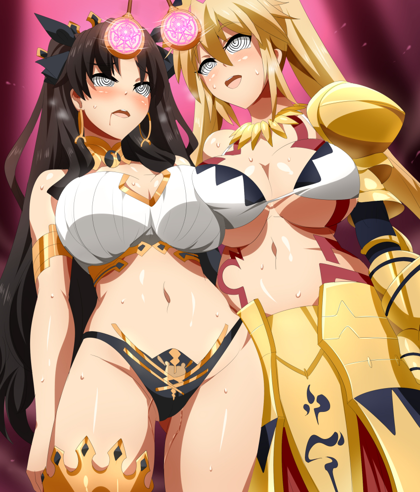 angelica_ainsworth black_hair blonde_hair blush breast_press breasts drool earrings fate/grand_order fate/kaleid_liner_prisma_illya fate_(series) female_only femsub goddess ishtar_(fate/grand_order) large_breasts long_hair magukappu navel open_mouth pendulum spiral_eyes symbol_in_eyes twintails underboob