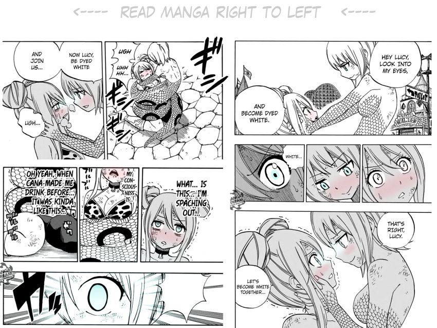 bikini_top blonde_hair bondage breasts choker coils comic dialogue empty_eyes fairy_tail femdom femsub greyscale hypnotic_eyes large_breasts lisanna_strauss lucy_heartfilia monochrome monster_girl naga_girl official resisting right_to_left scales short_hair snake_girl text white_hair