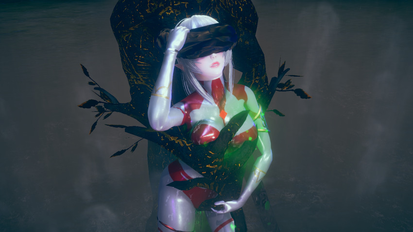 3d blindfold bodysuit breast_press crotch_rub dead_source elf_ears erect_nipples female_only femsub gloves honey_select_2 personification ponytail resisting restrained solo the_power trees ultraman white_hair