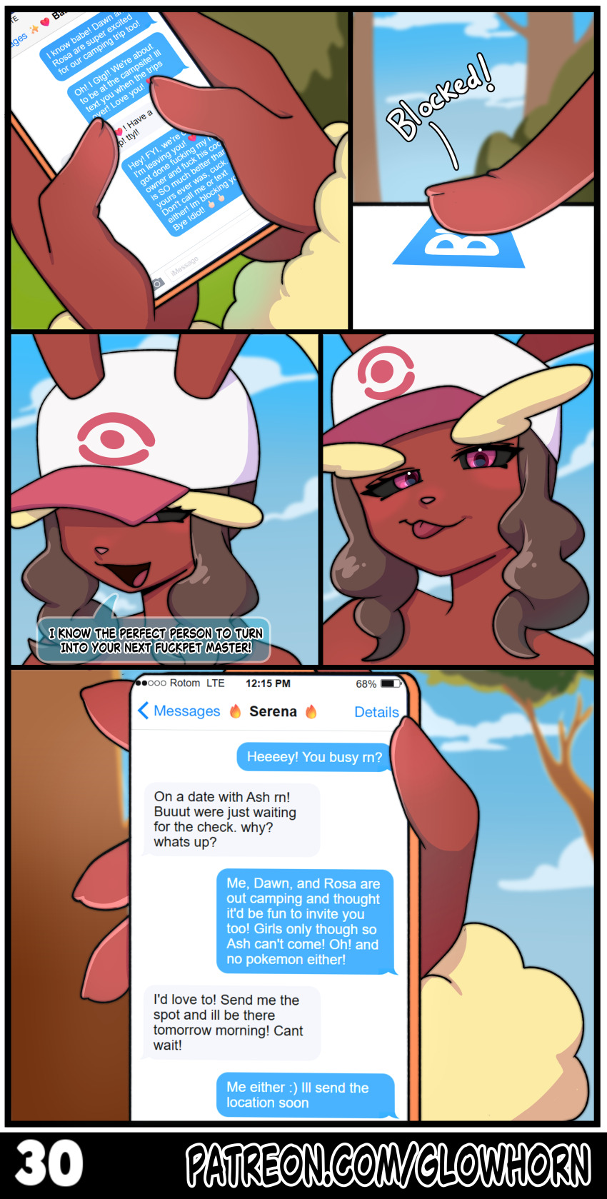 absurdres black_sclera blush border brown_hair bunny_ears bunny_girl cheating comic corruption dialogue english_text eyelashes female_only femsub forest furry glowhorn hat hilda_(pokemon) looking_at_viewer lopunny magic netorare nintendo nude original phone pink_eyes plant pokeball pokemon pokemon_(creature) serena_(pokemon) shiny_skin signature simple_background smile smirk smug speech_bubble text texting tongue tongue_out trees twintails user_interface