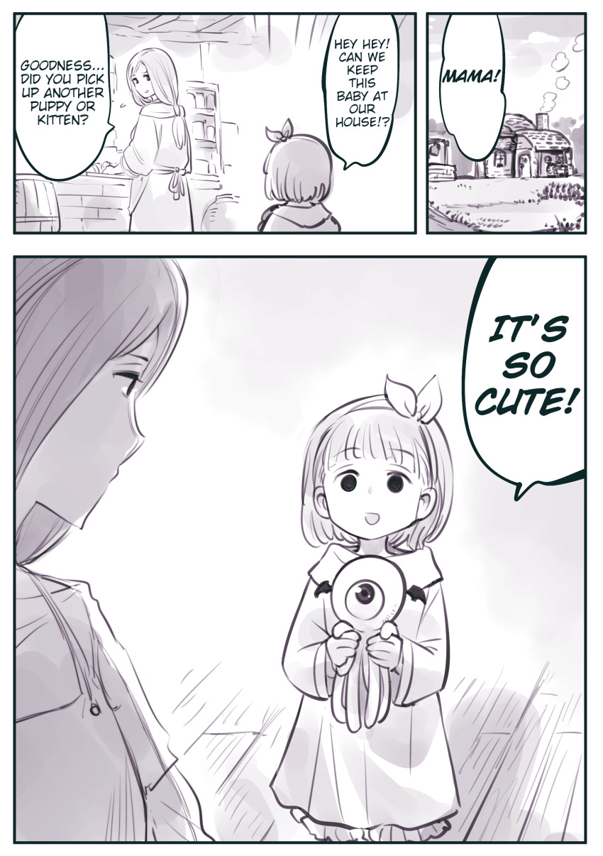 absurdres apron comic dialogue dress femsub greyscale hairband happy_trance hard_translated isiyumi loli long_hair ma_no_mono-tachi milf monochrome monster mother_and_daughter short_hair simple_background smile spiral_eyes text translated