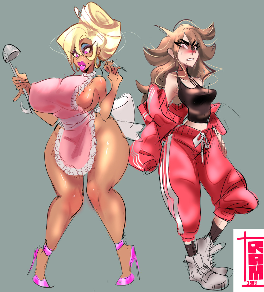 apron ass_expansion before_and_after bimbofication blonde_hair breast_expansion breasts brown_hair domestication femsub housewife huge_breasts large_breasts milf naked_apron original pink_eyes ramslammy stepfordization tomboy