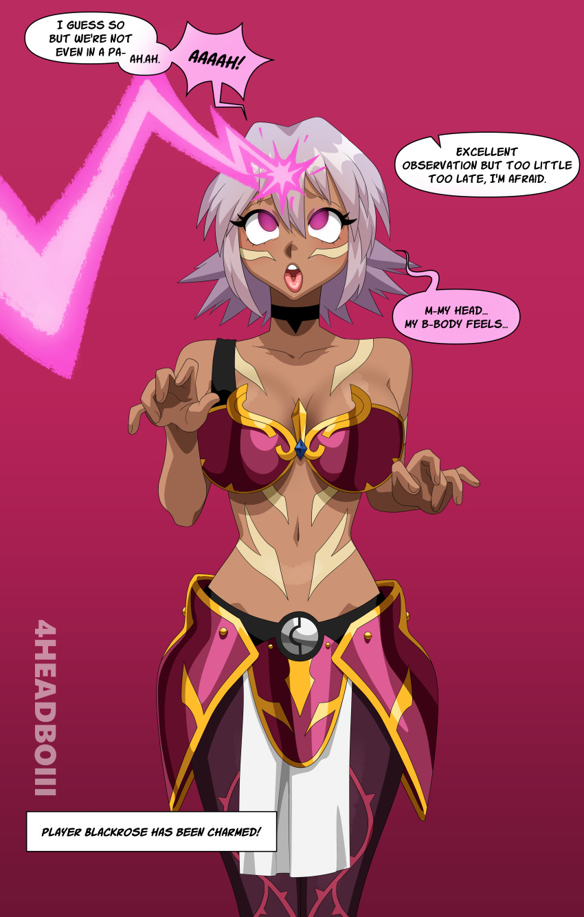 .hack//_(series) 4headboiii absurdres armor bare_shoulders beam black_rose_(.hack//) breasts charm_(spell) choker cleavage clothed collarbone dark_skin dialogue empty_eyes eye_roll femsub gameplay_mechanics glowing_eyes hourglass_figure large_breasts navel open_mouth pink_background pink_eyes pink_hair short_hair signature simple_background speech_bubble standing surprised text tongue tongue_out user_interface video_game