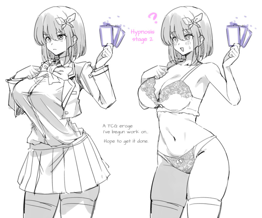 armpits before_and_after blush bra breasts bugmenotencore_(translator) card cleavage clothed collarbone confused english_text eyebrows_visible_through_hair female_only femsub glowing hair_ornament hair_ribbon hard_translated jacket large_breasts lingerie magic midriff navel original panties preview ribbon ring_eyes shirt short_skirt simple_background skirt smile solo sparkle standing sweat symbol_in_eyes text thighhighs toriyaro underwear white_background