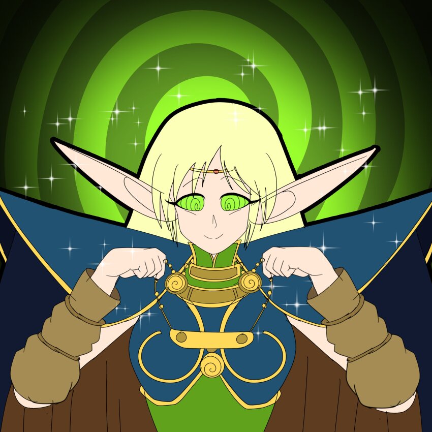 arm_warmers armor blonde_hair cape clothed deedlit elf_ears eyebrows_visible_through_hair female_only femsub green_eyes headband hypnotic_accessory long_hair record_of_lodoss_war shoulder_pads smile solo sparkle spiral_background spiralwash_eyes zombi62