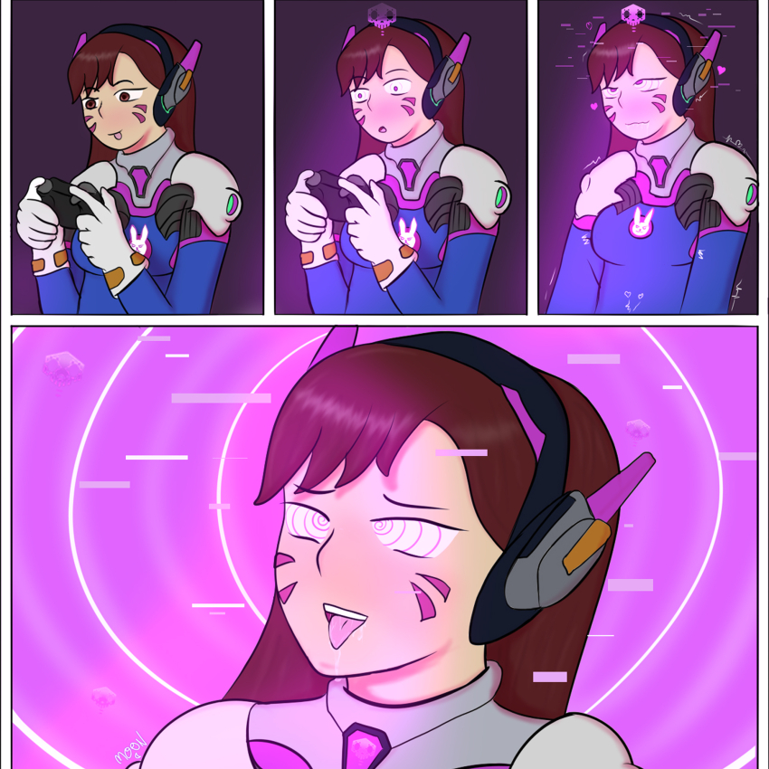 ahegao before_and_after bodysuit brown_eyes brown_hair comic d.va drool face_paint female_only femsub game_controller happy_trance headphones long_hair m00n_key open_mouth overwatch pink_eyes shrunken_irises signature simple_background smile solo spiral_background spiralwash_eyes tech_control tongue tongue_out
