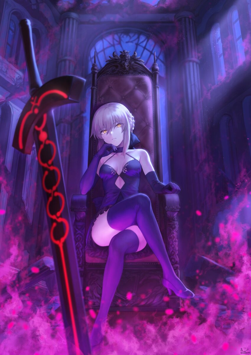 alternate_costume alternate_hair_color aura breasts chair choker cleavage corruption crossed_legs dress expressionless fate/grand_order fate/stay_night fate/stay_night_heaven's_feel fate_(series) female_only femsub flame gloves glowing glowing_eyes hair_buns hair_ribbon hand_on_head high_heels large_breasts looking_at_viewer magic mashu night opera_gloves ribbon saber saber_alter sitting solo sword thighhighs thighs tied_hair weapon white_hair yellow_eyes