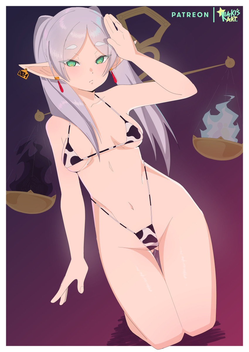 absurdres bikini blush border breasts earrings elf elf_ears expressionless female_only femsub frieren frieren:_beyond_journey's_end green_eyes kiakisart kneeling looking_at_viewer micro_bikini navel saluting silver_hair small_breasts solo spiral_eyes swimsuit symbol_in_eyes twintails