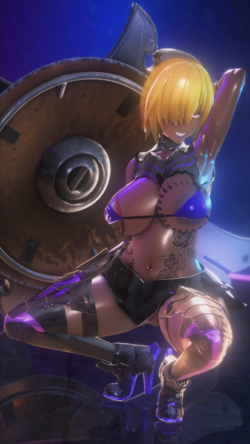 3d armor arms_above_head ass bare_shoulders before_and_after blonde_hair bra breast_expansion breasts clothed_exposure corruption crouching dark_skin evil_smile fate/grand_order fate_(series) female_only femsub gloves glowing glowing_eyes hair_covering_one_eye high_heels huge_breasts koikatsu! large_ass lipstick mashu_kyrielight midriff navel pink_eyes posing reflection shield simple_background smile solo spread_legs surprised taihou1944 tattoo thighhighs thighs transformation
