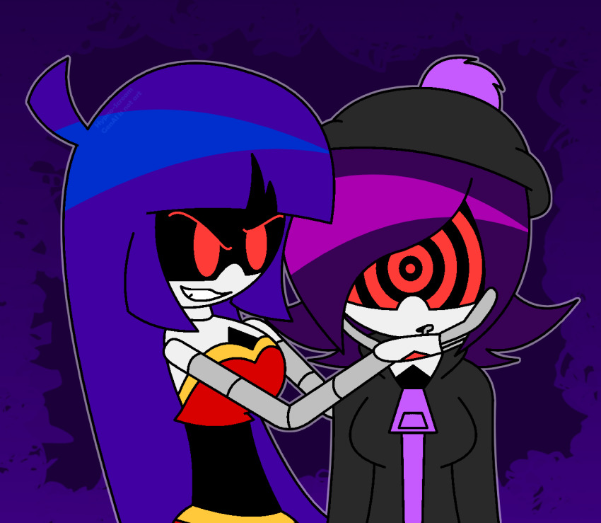 ahoge bare_shoulders beanie chin_hold doll_(murder_drones) drool female_only femdom femsub goth hoodie hypnoscream long_hair murder_drones open_mouth purple_hair red_eyes ring_eyes robot_girl shiny_hair short_hair simple_background smirk straight-cut_bangs tube_top uzi_doorman yuri zipper