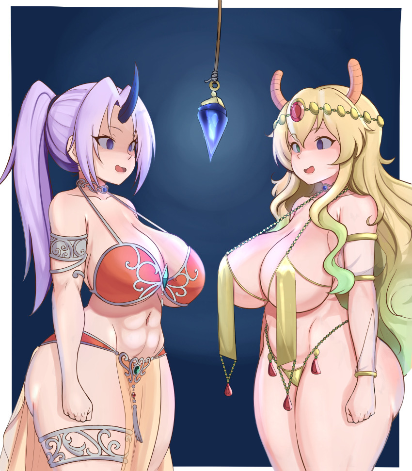 abs absurdres blonde_hair cleavage crystal dragon_girl empty_eyes female_only femsub happy_trance harem_outfit heterochromia horns jewelry large_breasts long_hair miss_kobayashi's_dragon_maid navel necklace oni_girl open_mouth ponytail purple_hair quetzalcoatl_(maidragon) shion_(tensei_slime) standing that_time_i_got_reincarnated_as_a_slime thick_thighs triagorodri