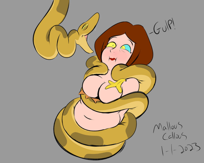 banana breasts brown_hair coils grey_background imminent_vore kaa_eyes light_skin lipstick makeup mallouscallous navel original red_lipstick simple_background snake