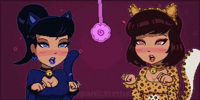 animal_ears animated animated_gif bell bell_collar black_hair blue_eyes blue_lipstick blueshift_(polmanning) blush breasts breath cat_ears cat_pose cat_tail catsuit cleavage cleavage_cutout clothed collar drool earrings fake_animal_ears fake_tail female_only femsub heart leopard_print lipstick milf mother_and_daughter multiple_girls multiple_subs original panicatethemoon panting pendulum pet_play pink_eyes pixel_art ponytail scarlet_smasher_(polmanning) simple_background spiral spiral_eyes symbol_in_eyes tail