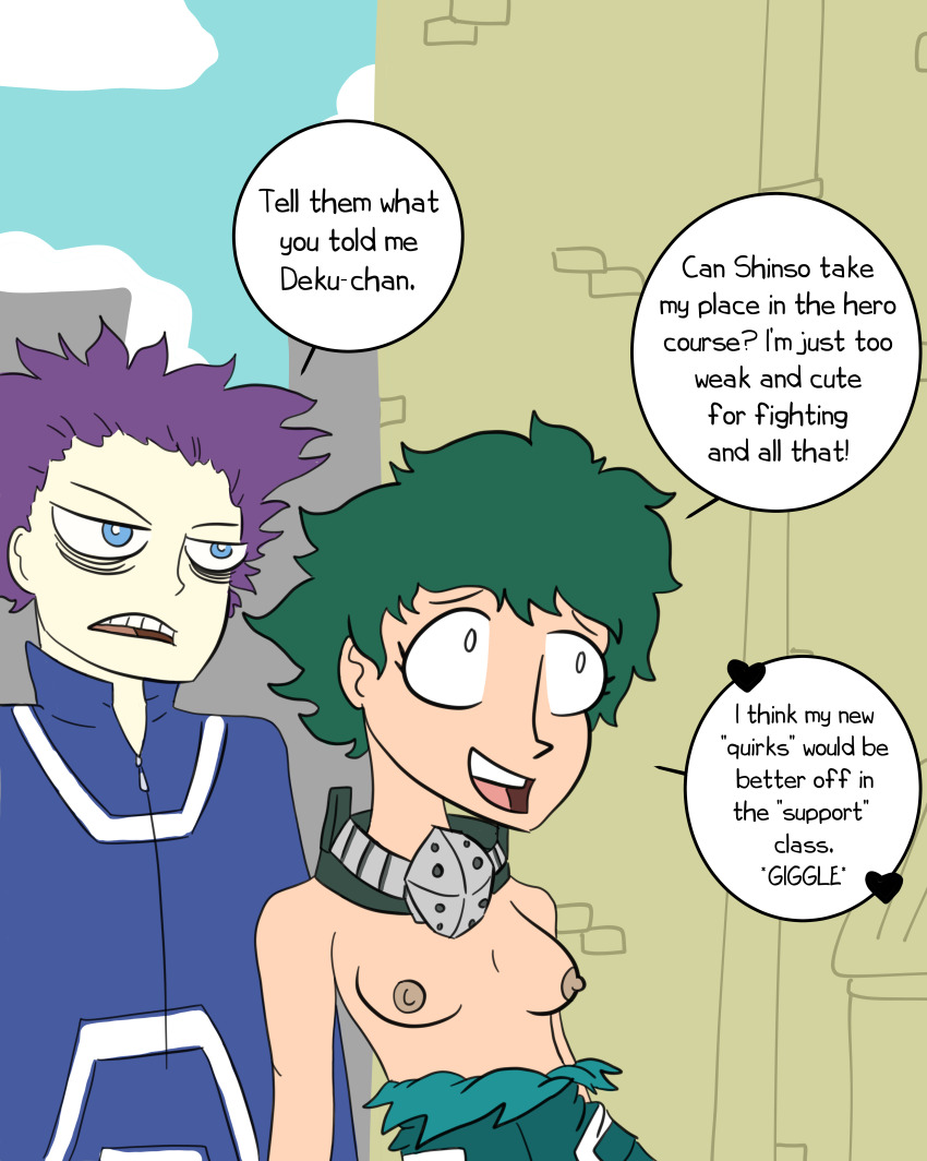 absurdres breasts dialogue empty_eyes genderswap green_hair happy_trance hitoshi_shinso izuku_midoriya maledom my_hero_academia open_mouth purple_hair short_hair smile synthetic_attraction text topless
