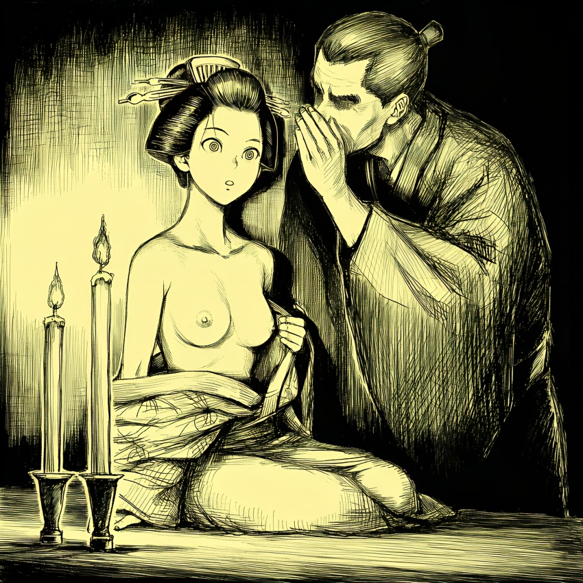 ai_art candle empty_eyes femsub flame geisha hair_ornament hellsing002_(generator) kimono nipples nude sketch undressing
