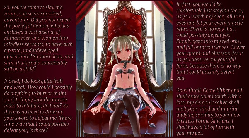 blonde_hair caption corruption demon_girl female_only femdom horns hypnotic_eyes looking_at_viewer manip monster_girl open_mouth pov pov_sub professor-celestino_(manipper) red_eyes succubus tail tattoo text thighhighs