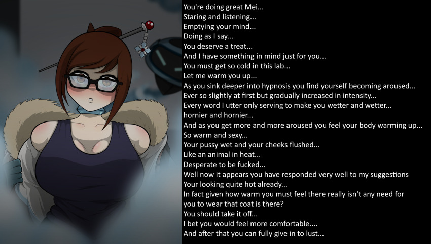 blush brown_eyes brown_hair caption clothed coat collar collarbone disguised_hypnotist empty_eyes expressionless female_only femsub fur_coat glasses gloves hairpin huge_breasts manip mei_(overwatch) mindfucker_(manipper) overwatch single_hair_bun snowball solo tagme tank_top text undressing