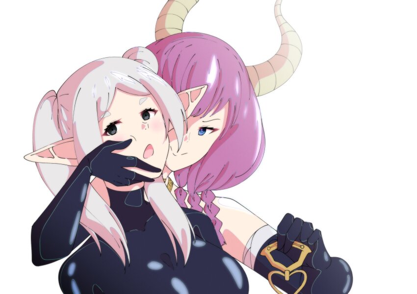 aura_(frieren:_beyond_journey's_end) black_eyes blue_eyes elf elf_ears femdom femsub frieren frieren:_beyond_journey's_end gojulas horns hypnovember latex purple_hair white_background white_hair