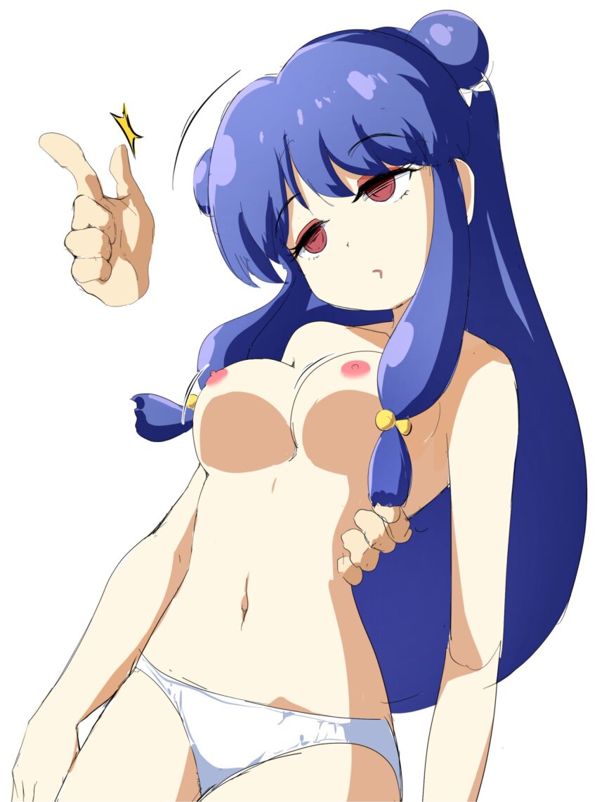 blue_hair breasts dazed empty_eyes etlabsotwe femsub finger_snap long_hair nipples panties phantom_hand ranma_1/2 red_eyes shampoo_(ranma_1/2) simple_background topless underwear white_background