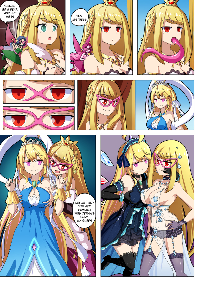 ahoge bare_shoulders blonde_hair blue_hair breasts chelle_(dragalia_lost) cleavage comic corruption cosplay crown cygames dragalia_lost dress empty_eyes etlabsotwe evil_smile expressionless eyeshadow fairy fate/grand_order fate_(series) female_only femdom femsub glasses gloves green_eyes groping happy_trance holding_breasts hypnotized_assistant hypnotized_dom hypnotized_hypnotist incest large_breasts liling_(bluenayru) looking_at_viewer looking_back multicolored_hair multiple_girls multiple_subs nintendo opera_gloves original pink_eyes possession pream_(hypnolandom) princess red_eyes royalty sisters smile smug speech_bubble sub_on_sub text wings yuri zethia