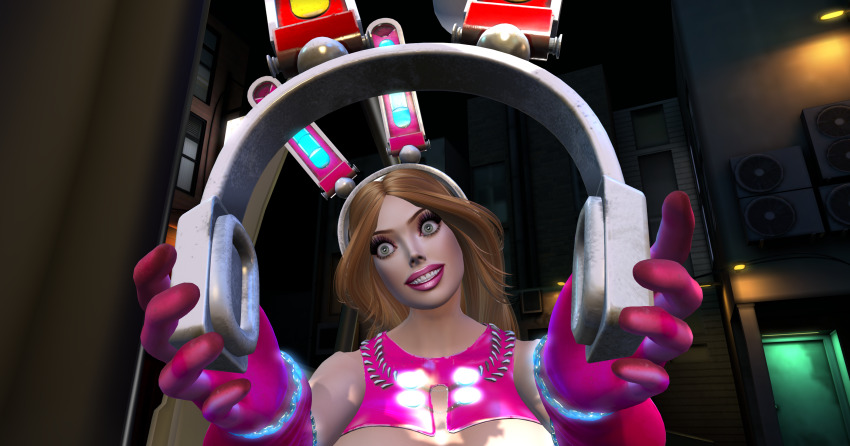 3d absurdres bare_shoulders brown_hair bunny_ears chains cleavage cuffs expressionless fake_animal_ears female_only femsub gloves green_eyes headphones leather lipstick long_hair makeup nightmare_fuel opera_gloves original pov pov_sub satinsilverweb smile solo tech_control