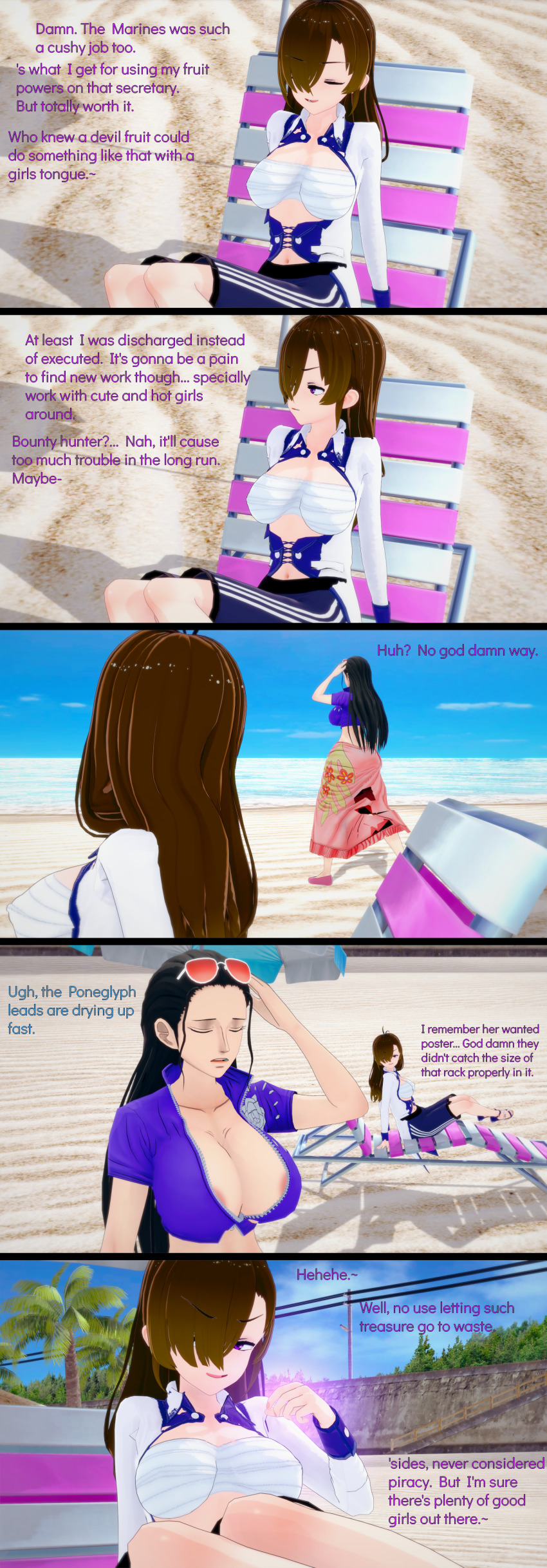 3d absurdres ahoge beach black_hair breasts brown_hair cleavage cyanstargazer english_text evil_smile eyebrows_visible_through_hair female_only femdom femsub glowing huge_breasts hypnotic_hands jacket koikatsu! large_breasts long_hair nico_robin nipples one_piece purple_eyes sandals sequence shorts skirt smile sunglasses text yuri