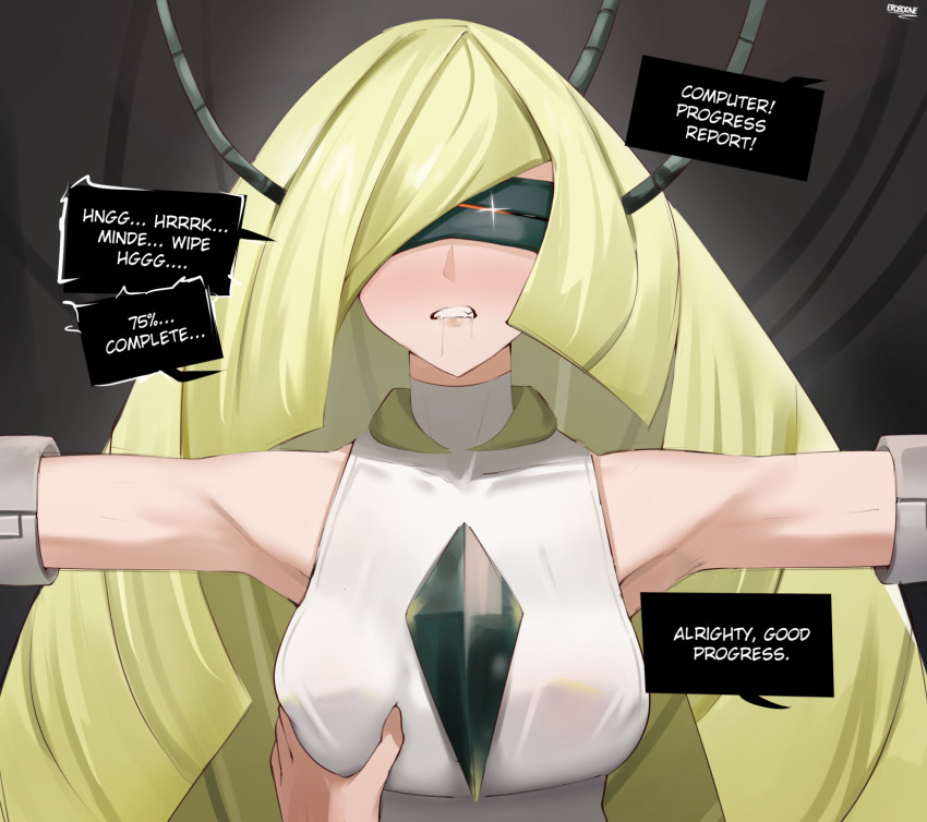 bare_shoulders blonde_hair breast_grab breasts cables clothed dialogue drool english_text eroborne femsub lusamine milf nintendo pokemon pokemon_sun_and_moon resisting restrained signature simple_background speech_bubble tech_control text unhappy_trance very_long_hair visor