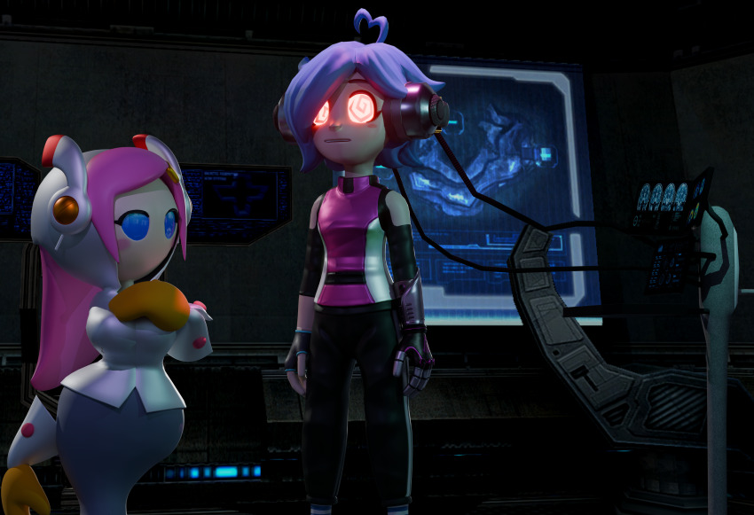 blue_hair computer femdom femsub headphones hypnotic-ink kirby_(series) nintendo pink_hair red_eyes smg4 spiral spiral_eyes susie_(kirby) tari_(smg4) tech_control