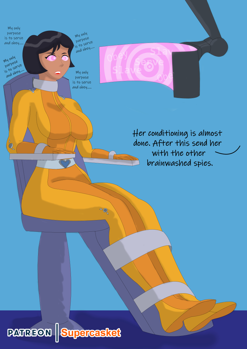 absurdres alex black_hair bodysuit breasts female_only femsub happy_trance hypnotic_screen large_breasts open_mouth spiral_eyes supercasket symbol_in_eyes tech_control text totally_spies western
