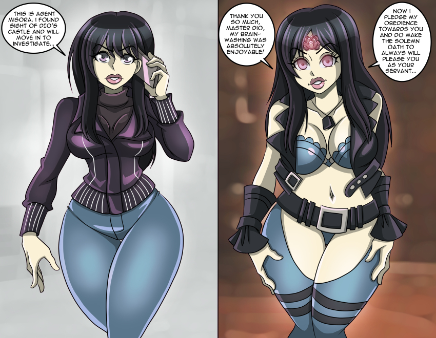 absurdres before_and_after black_hair cleavage crossover death_note female_only femsub glowing glowing_eyes happy_trance jeans jojo's_bizarre_adventure large_lips long_hair maledom milf naomi_misora smile standing text zorro-zero