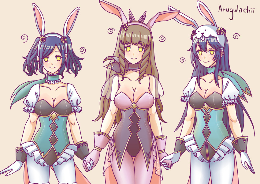 arugulachii blue_hair blush brown_hair bunny_ears bunny_girl bunnysuit cleavage cynthia_(fire_emblem) empty_eyes female_only femsub fire_emblem fire_emblem_awakening fire_emblem_heroes flower_in_hair gloves hair_ornament happy_trance holding_hands leotard lucina mother_and_daughter multiple_girls multiple_subs nintendo princess scarf sisters smile spiral sumia symbol thighhighs tights twintails yellow_eyes