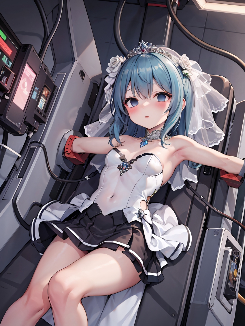 ai_art armpits blue_hair blush cables choker corruption dazed empty_eyes female_only femsub jewelry koimin4_(generator) long_hair looking_at_viewer magical_girl monitor open_mouth restrained skirt small_breasts solo stable_diffusion_(ai) tech_control veil wires