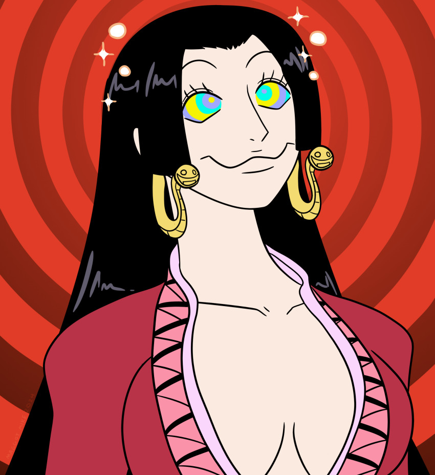 absurdres black_hair boa_hancock bubble cleavage clothed collarbone earrings femsub happy_trance kaa_eyes large_breasts long_hair maggotmike one_piece smile sparkle spiral_background