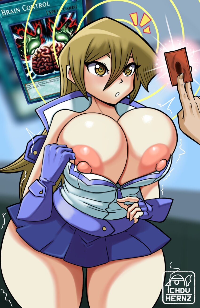 alexis_rhodes brain_control_(yu-gi-oh!) breasts brown_hair card cleavage erect_nipples expressionless female_only femsub huge_breasts ichduhernz indifferent long_hair magic miniskirt skirt text trembling undressing undressing_command watermark yu-gi-oh! yu-gi-oh!_gx