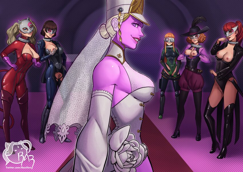 ann_takamaki breast_grab breasts breasts_outside clothed_exposure femdom femsub futaba_sakura groping haru_okumura looking_at_viewer makoto_niijima marie_anto persona_(series) persona_5 persona_5_tactica purple_skin razillion smile sumire_yoshizawa wedding_dress