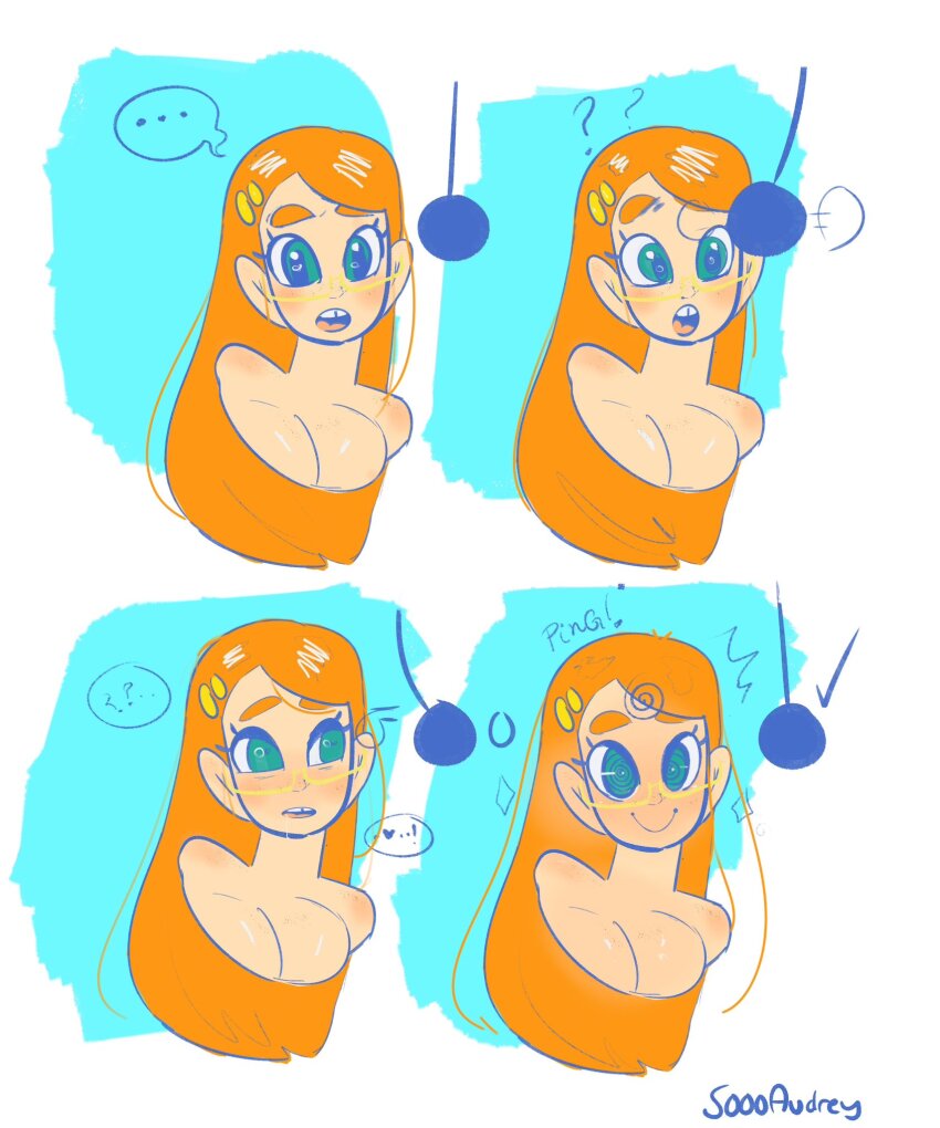 before_and_after blue_eyes breasts cleavage confused female_only femsub freckles hair_ornament morgan_(soooaudrey) open_mouth original pendulum ping red_hair signature simple_background sketch smile soooaudrey speech_bubble spiral spiral_eyes symbol_in_eyes