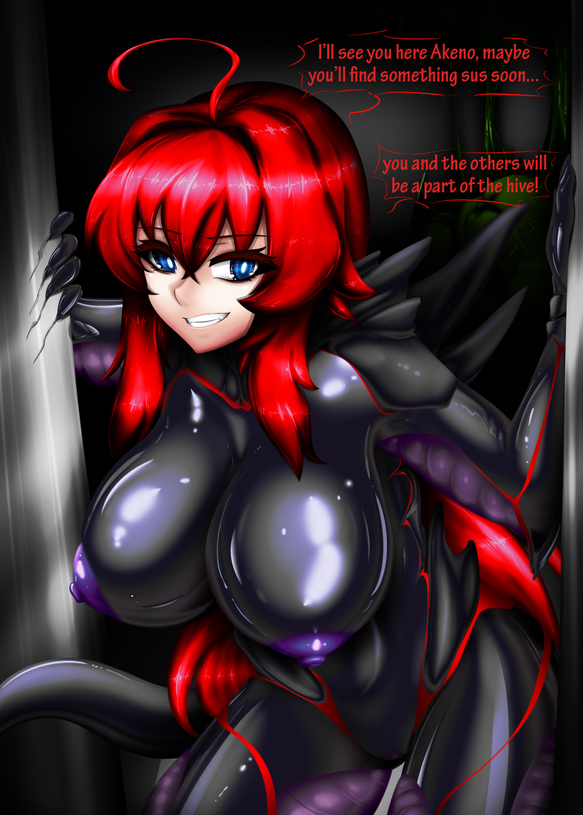 absurdres alien alien_(movie) blue_eyes breasts cleavage erect_nipples female_only high_school_dxd large_breasts red_hair rias_gremory rikatsuky speech_bubble symbiote text xenomorph