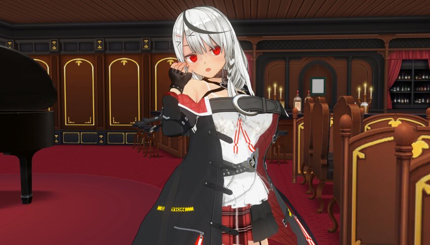 3d bare_shoulders before_and_after black_hair braid breasts chloe_sakamata coat collar custom_maid_3d_2 female_only fingerless_gloves garter_straps gloves hololive jacket long_hair multicolored_hair open_mouth red_eyes skirt solo standing swallow774 virtual_youtuber white_hair