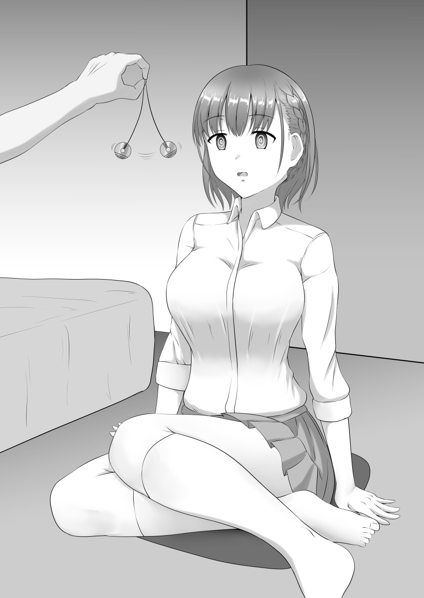 absurdres ai-chan_(tawawa_on_monday) barefoot blush breasts coin dazed empty_eyes expressionless feet female_only femsub greyscale hypnorium kneeling large_breasts open_mouth pendulum short_hair skirt symbol_in_eyes tawawa_on_monday unaware
