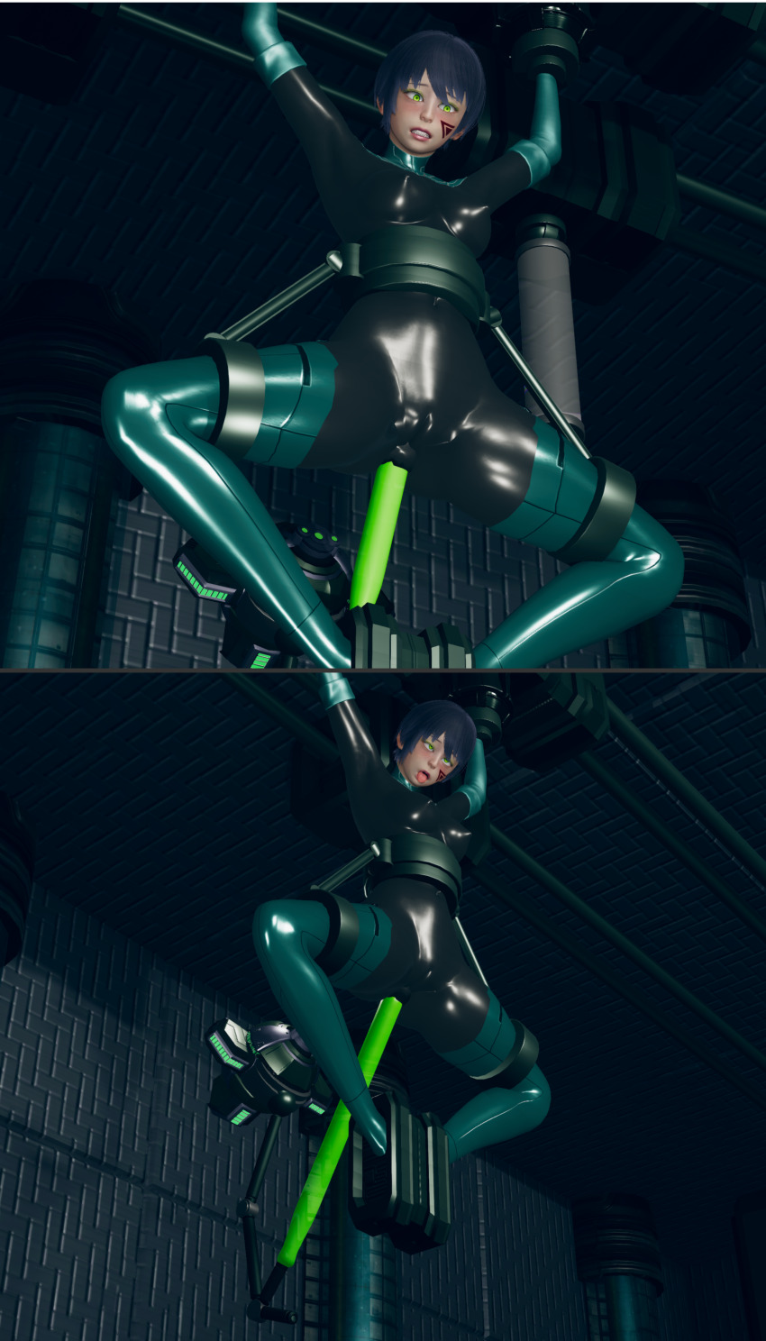 3d arms_above_head black_hair blush bodysuit breasts cameltoe comic eye_roll face_paint female_only femsub gloves green_eyes honey_select_2 murochi-san open_mouth opera_gloves original pussy_juice resisting restrained rubber sex_machine short_hair shrunken_irises solo spread_legs squirting thighhighs tongue tongue_out vaginal