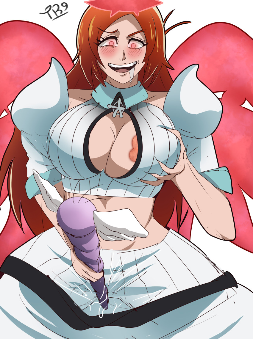 bleach blush breast_grab breasts cleavage cleavage_cutout crotch_rub drool empty_eyes femsub happy_trance large_breasts long_hair open_mouth orange_hair orihime_inoue pepe_waccabrada possession solo traner9