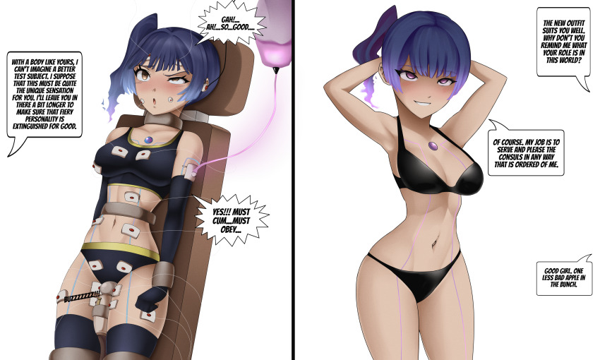 absurdres arms_above_head bangs before_and_after black_hair blush bra deltathelion earbuds empty_eyes female_only femsub gloves hand_on_head injection navel nintendo open_mouth opera_gloves panties posing purple_eyes restrained sena_(xenoblade) sex_toy short_hair side_ponytail simple_background smile speech_bubble sports_bra standing straight-cut_bangs tech_control text thighhighs underwear vibrator white_background xenoblade_chronicles xenoblade_chronicles_3 yellow_eyes