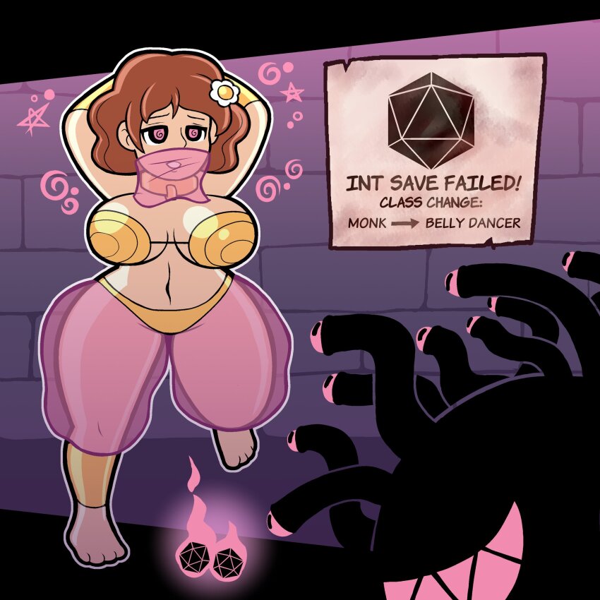 barefoot beholder breasts brown_hair feet femsub gameplay_mechanics harem_outfit original see-through singlesalt spiral_eyes symbol_in_eyes text