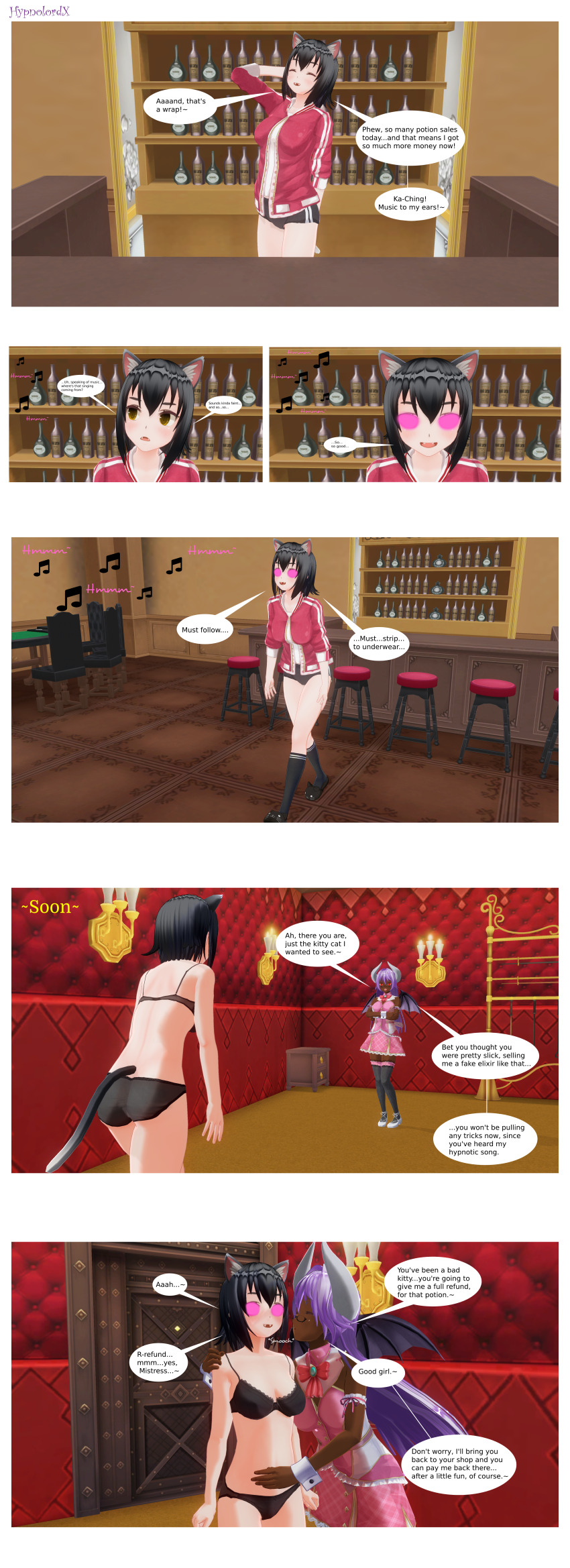 3d absurdres animal_ears bare_shoulders black_hair blush breasts cat_girl cleavage comic custom_maid_3d_2 dark_skin demon_girl dialogue drool empty_eyes ethel_the_succubus_(hypnolordx) female_only femdom femsub glasses glowing glowing_eyes happy_trance horns hypnolordx hypnotic_audio hypnotic_music large_breasts long_hair monster_girl noir_(hypnolordx) open_mouth original purple_hair short_hair smile standing standing_at_attention succubus tail text wings