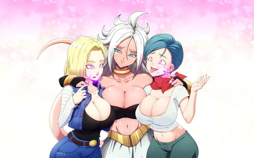 absurdres alternate_form android_18 android_21 blonde_hair blue_eyes blue_hair breasts bulma_briefs cleavage dragon_ball dragon_ball_fighterz dragon_ball_super empty_eyes expressionless female_only femdom femsub glowing glowing_eyes happy_trance large_breasts liesday long_hair magic midriff monster_girl open_mouth pink_eyes pink_skin short_hair smile tail tongue tongue_out white_hair