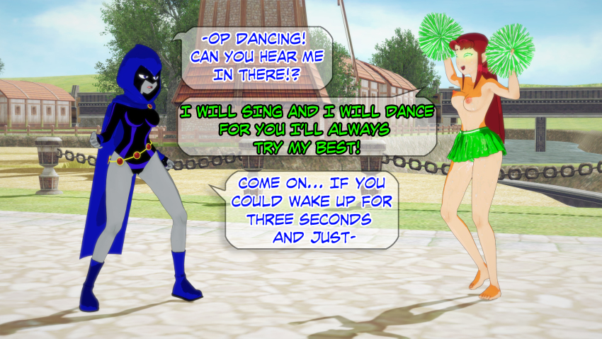 angry aware bouncing_breasts cheerleader cloak clothed covered_with_cum cum cum_on_body cum_on_face dc_comics dialogue dogdog english_text female_only femsub glowing_eyes goth green_eyes grey_skin multiple_girls nude purple_eyes raven red_hair skirt starfire text