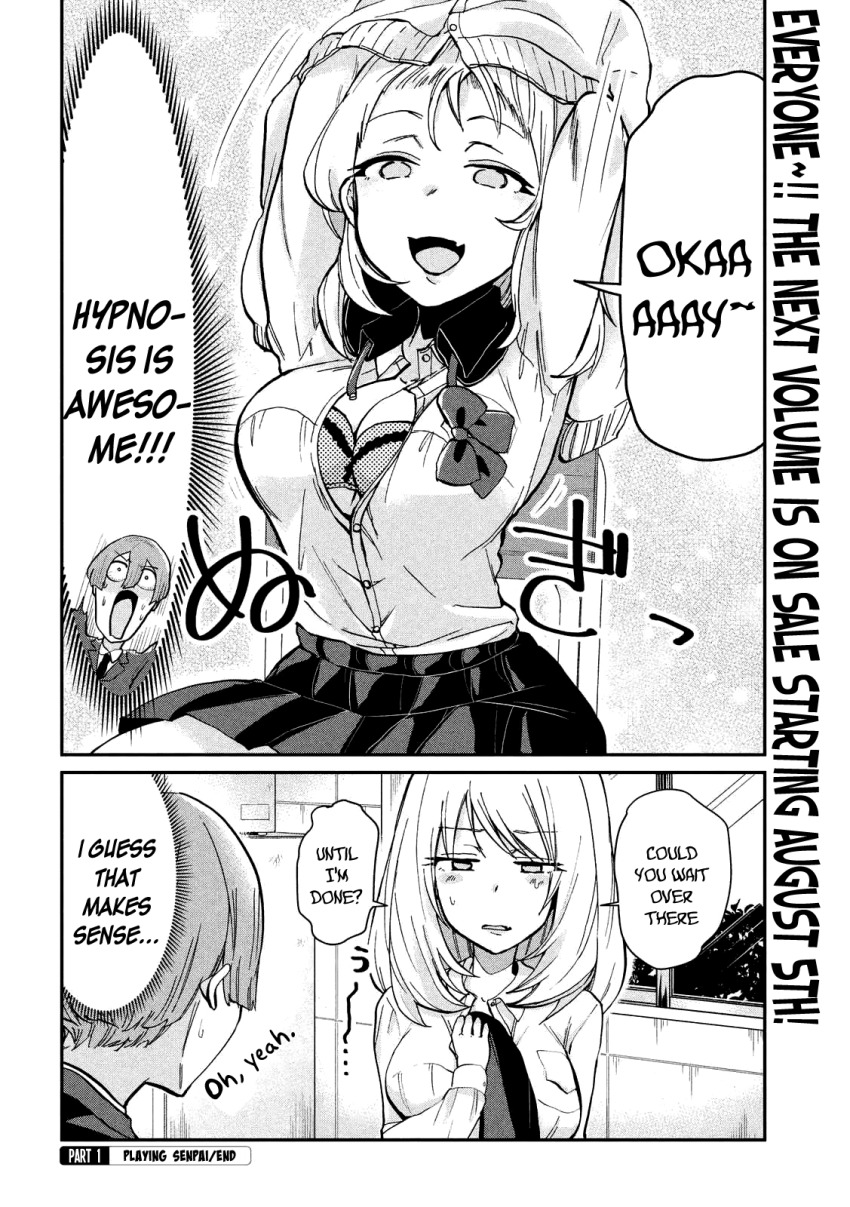 blonde_hair blush bow_tie bra breasts cleavage comic dialogue embarrassed empty_eyes femsub greyscale happy_trance humor large_breasts long_hair magical_sempai maledom open_mouth right_to_left school_uniform sempai_(magical_sempai) short_hair sitting skirt sweat text unaware underwear undressing